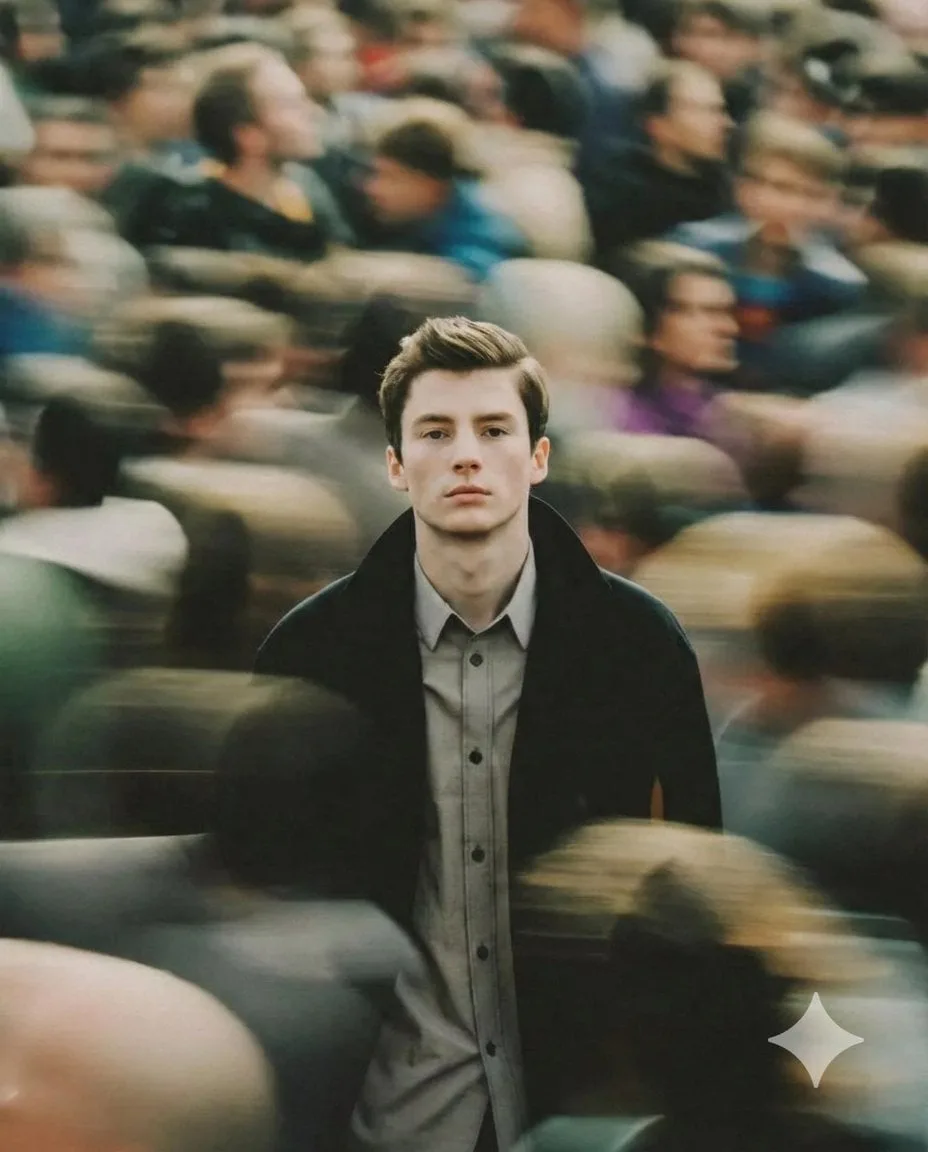 Cinematic Portrait of a Still Man Amidst Motion Blur Crowd