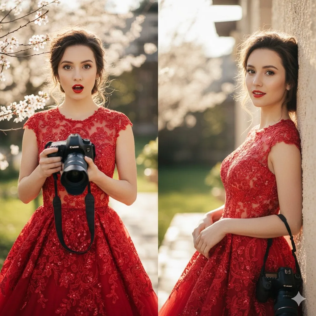 Cinematic Garden Portrait Diptych in Red Gown