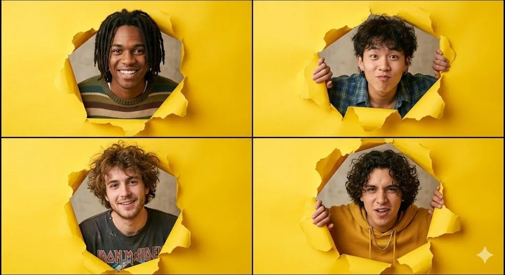 4‑Panel Portrait Collage with Torn Yellow Paper