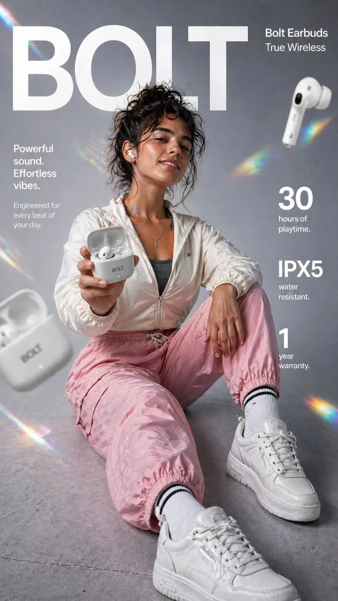 Vertical e-commerce infographic for Bolt True Wireless Earbuds