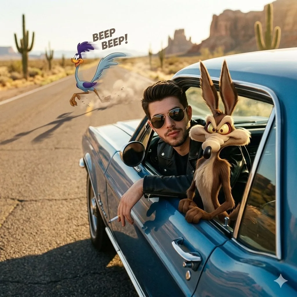 Desert Highway with Realistic Man and 3D Cartoon Coyote