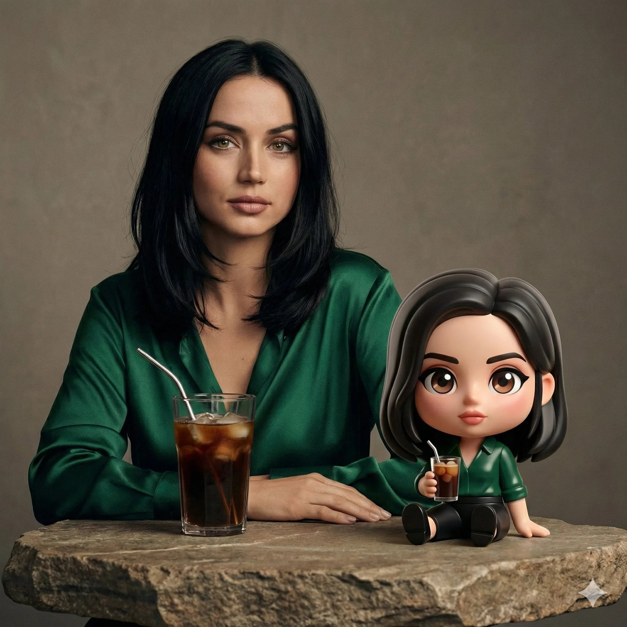 Cinematic Portrait of Ana de Armas with 3D Chibi Coffee Figure